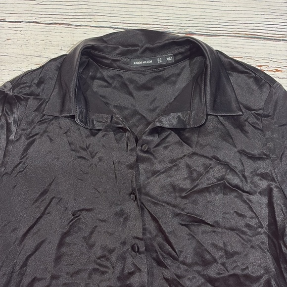 Karen Millen Satin Crepe Feather Trim Black Layered Black Blouse - Picture 7 of 11